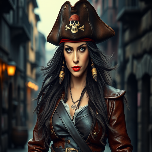 Create a portrait of a fierce female pirate. She wears a leather tricorn hat adorned with a skull and crossbones emblem, and her long, dark hair flows around her face. Her outfit consists of a richly detailed leather jacket, a corset, and multiple layers of belts and accessories, giving her a formidable and stylish appearance. She stands confidently in a dimly lit, historic port town, with a backdrop of weathered buildings and cobblestone streets, capturing the adventurous spirit of a pirate.