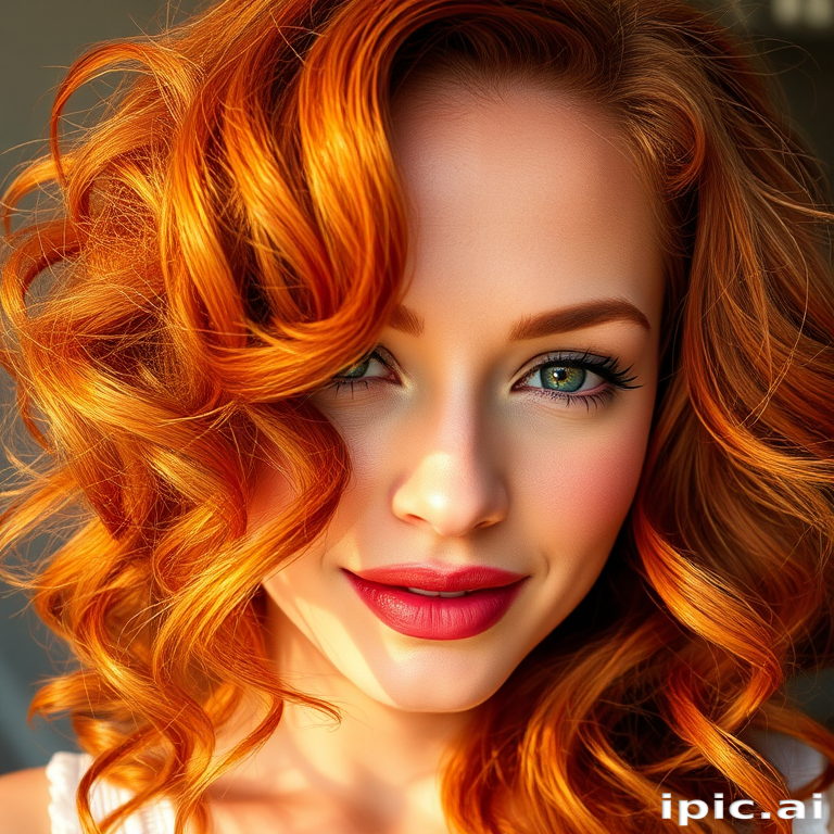 Radiant close-up of a woman with Sunburst Copper tresses, a rich orange-red hue with golden highlights, styled in voluminous vintage waves