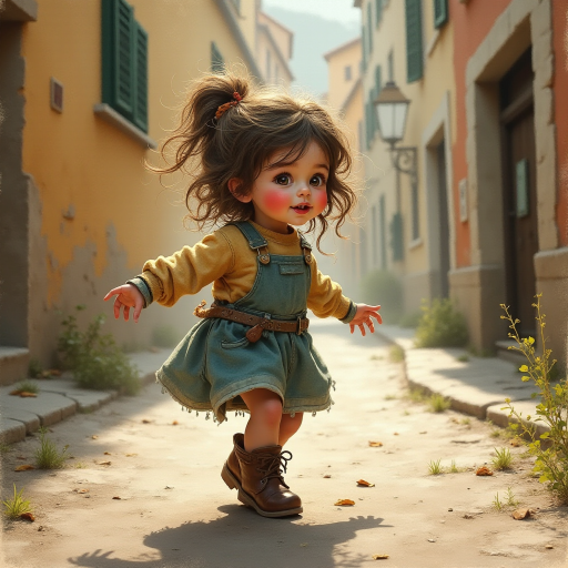 Whimsical little 3-year-old girl wearing scruffy tomboy clothes, boots, messy hair heavily blushed cheeks, pink lips, closely dancing in the street of an Italian village,Textured painterly fantasy artistic mixed media