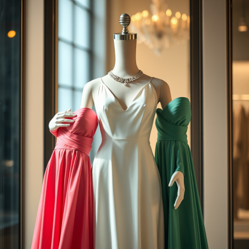 Create a high-quality fashion illustration of a stylish mannequin holding two elegant dresses, shot with a Canon EOS R5, 50mm lens, f/1.8 aperture, ISO 100, in soft natural lighting, with a shallow depth of field to enhance the focus on the mannequin and dresses, captured from a frontal view.