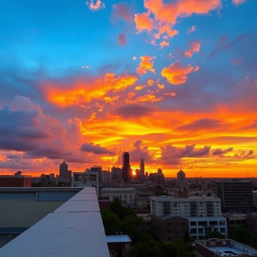 Capture a vibrant sunset over a city skyline, utilizing a wide-angle lens at f/8, ISO 100, and a shutter speed of 1/60 sec, with a warm color palette and dramatic clouds, taken from a rooftop vantage point.