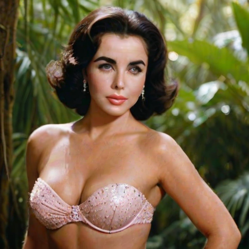 A photo of an old, beautiful Elizabeth Taylor with light tanned skin, a small nose, and soft pink lips. She has perfect symmetric eyes and wears a strapless transparent bikini. She has a big female bosom with push-up. The model is standing under the warm sunlight, showcasing her toned figure and delicate curves. The background is a rain forest with sparkling water and trees. The overall ambiance is a perfect blend of luxury, glamour, and beachside leisure.