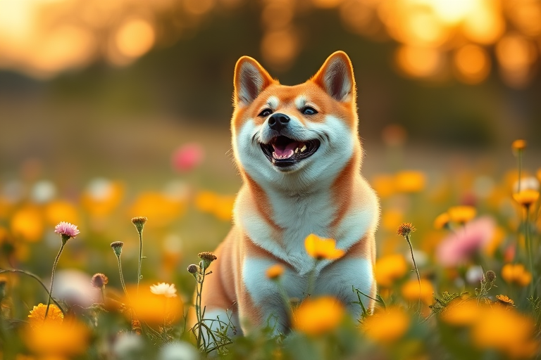 Generate a high-quality image of a Shiba Inu sitting in a field of flowers, smiling joyfully, captured with a Canon EOS R5, 50mm lens, aperture f/1.8, ISO 100, at golden hour for soft lighting and vibrant colors.