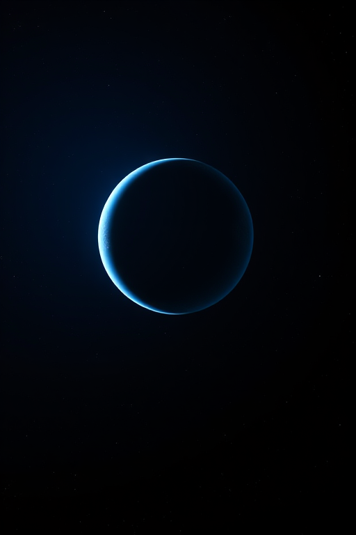 Create a high-resolution image of a distant blue planet in space, with a focus on its curved surface illuminated by ambient light, captured with a DSLR camera at f/8, ISO 200, 1/100 sec shutter speed, in a wide-angle view for depth and clarity, using a low-angle perspective to enhance the atmosphere.