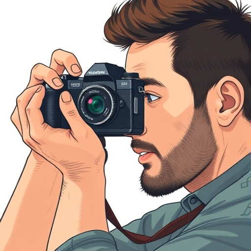 Create an illustration of a man taking a photo with a vintage camera, high resolution, shot at 50mm, f/1.8 aperture, ISO 100, natural lighting, with a focus on the camera and hands in a slightly blurred background, digital art style.