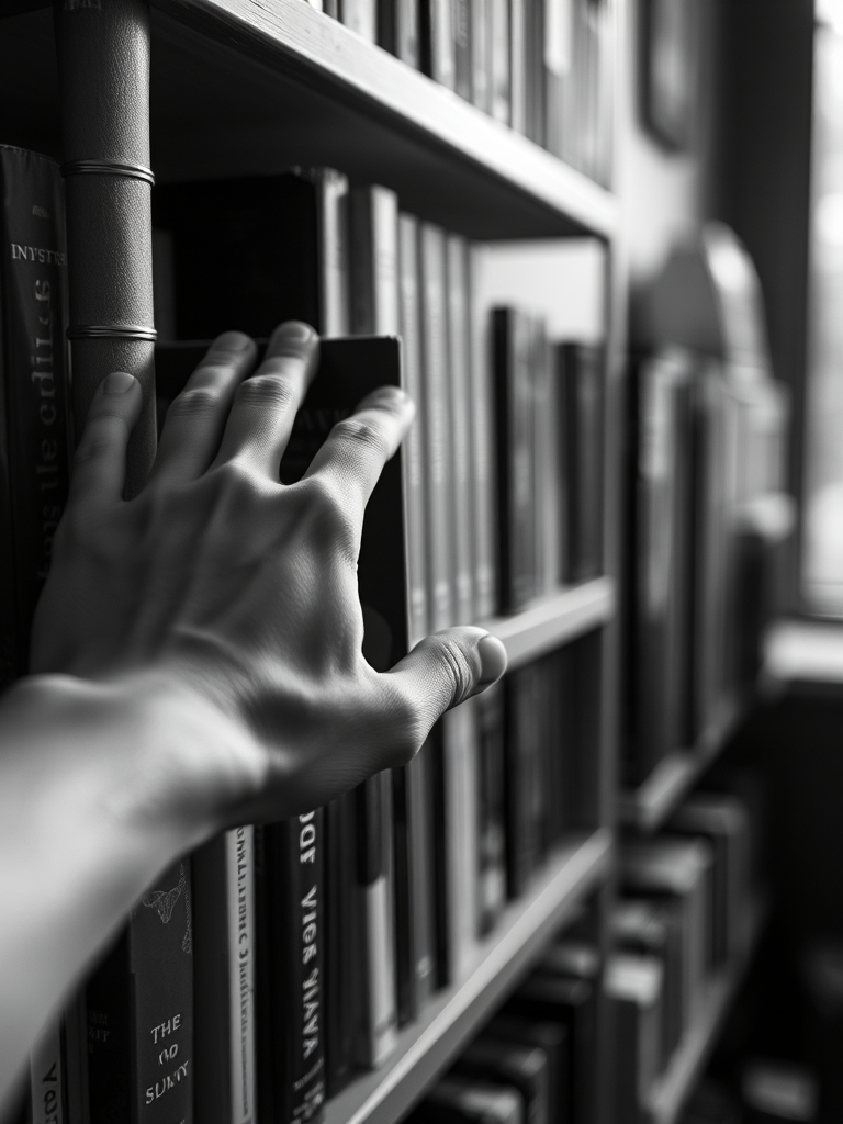 regenerate the image of a hand reaching for a decorative book on a shelf surrounded by books, captured in black and white with a shallow depth of field, using a DSLR camera at f/2.8, 50mm lens, ISO 100, 1/200s shutter speed, in soft natural light from a nearby window, focus on the hand and book with a blurred background.