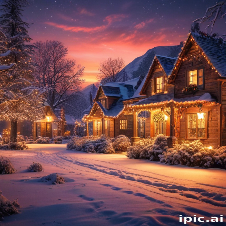 Charming Winter Scene with Snowy Cottages and Twinkling Holiday Lights