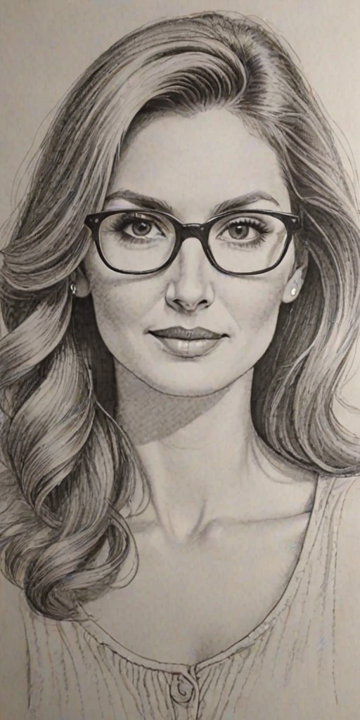 Charming Heather McDonald, pencil sketch, portrait of Comely woman 1976s in glasses, hair style beatnik, outline, clear lines, fine lines, 8k