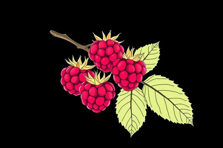 create a black background illustration of a branch with white outline drawings of raspberries and leaves