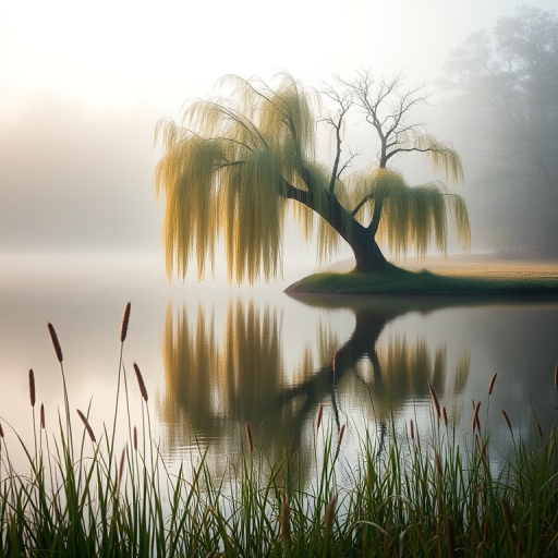 misty lake landscape with a weeping willow tree, soft morning light, reflected in the calm water, with tall grasses in the foreground, shot with a DSLR camera, 35mm lens, f/8 aperture, ISO 100, 1/125s shutter speed, vibrant colors, shallow depth of field.