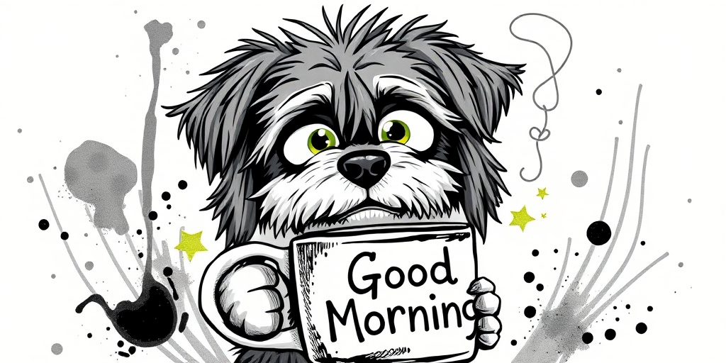 A quirky, artistic illustration of a disheveled peekapoo dog breed with exaggerated, large eyes and spiky fur, holding a coffee mug that reads "Good Morning". The dog has a tired but humorous expression, with ink splatters and abstract details surrounding it, giving a whimsical feel to the image. The color palette is mostly monochrome with hints of green in the eyes and steam rising from the mug, enhancing the overall sleepy vibe