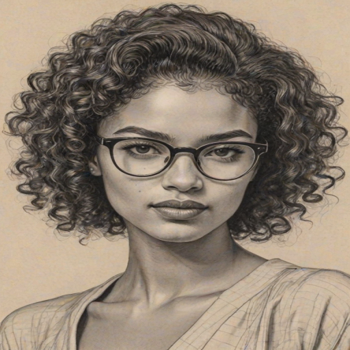 Magnificent Indya Moore, pencil sketch, portrait of Captivating woman 1952s in glasses, hair style beatnik, outline, clear lines, fine lines, 8k