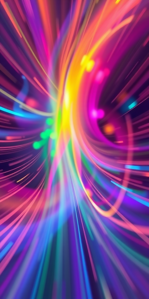 Create a vibrant abstract swirl of colors with dynamic light streaks, high-resolution, f/2.8 aperture, ISO 100, 1/60s shutter speed, use a macro lens for close-up detail, shot from a low angle perspective.