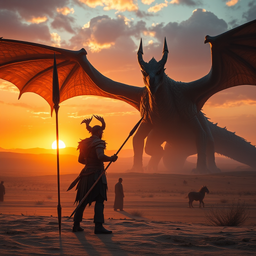 Create an epic fantasy scene featuring a warrior with a spear standing in a desert with a massive dragon in the background, sunset lighting, shot with a Canon EOS R5, 24mm lens, f/2.8, ISO 100, with a vibrant color profile and shallow depth of field to enhance details.