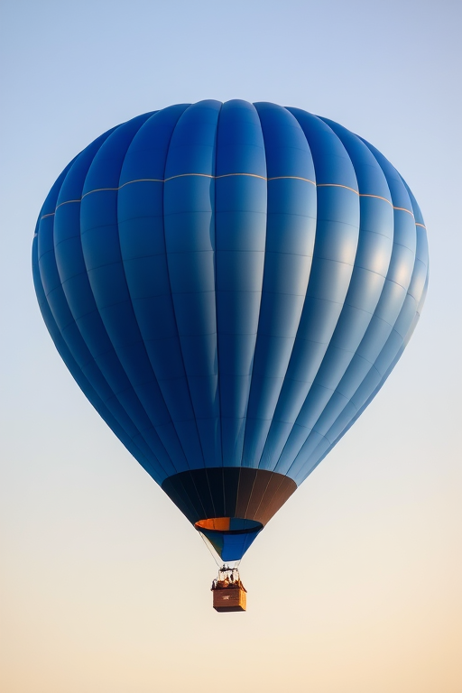 Create a high-resolution image of a blue hot air balloon with a clear sky background, using a DSLR camera, aperture f/8, ISO 100, 50mm lens, capturing from a slightly elevated view for depth and perspective.