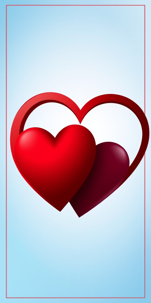 Create an illustration of two interlocking hearts, one red and one dark red, surrounded by a light blue gradient background with a square border in contrasting colors, high-resolution, shallow depth of field, shot with a DSLR camera at f/2.8, ISO 100, and 50mm lens.