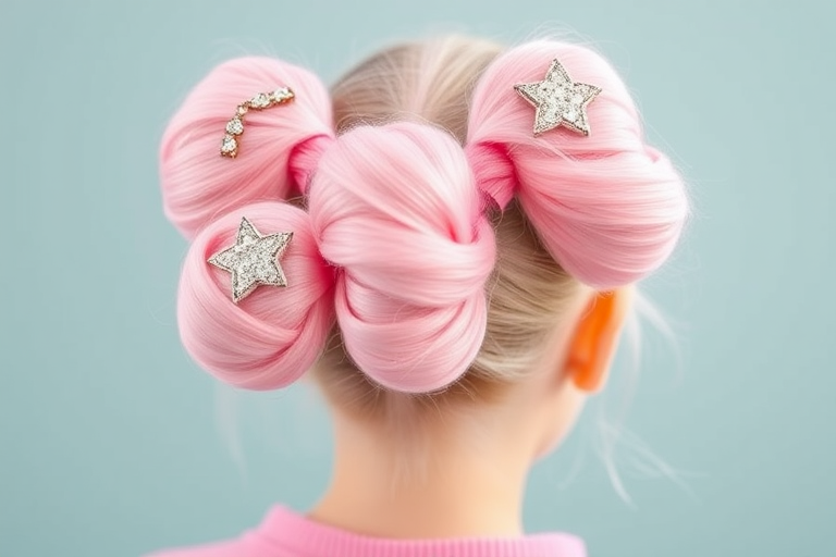 Playful bubble ponytail in cotton candy pink, featuring multiple hair ties creating spherical sections, adorned with glittery star-shaped clips for a fun twist