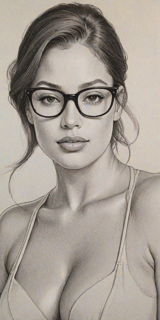 Enticing Ashley Graham, pencil sketch, portrait of Resplendent woman 1972s in glasses, hair style beatnik, outline, clear lines, fine lines, 8k