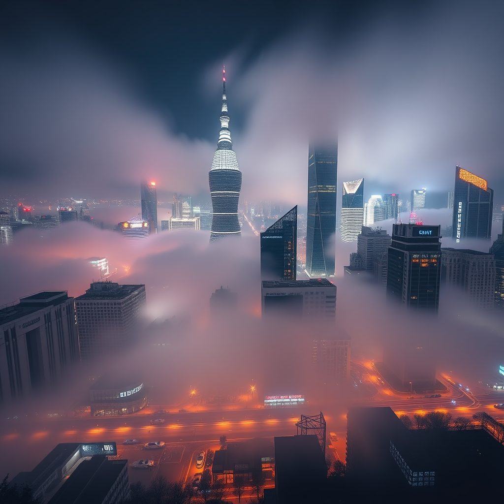 Capture a nighttime cityscape of Shanghai with fog rolling over illuminated skyscrapers, use a DSLR camera with a 24mm lens at f/8, ISO 200, shutter speed 15 seconds, from a low-angle perspective to enhance depth, using a tripod for stability.