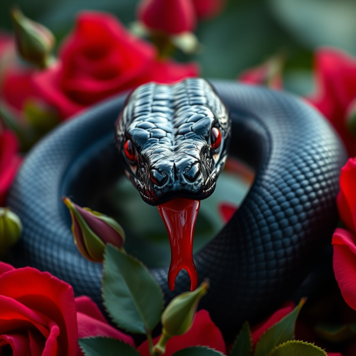 Create a hyper-realistic close-up of a black snake with red eyes and dripping fangs, coiled among vibrant red roses, using a Canon EOS R5, 50mm lens, f/1.8 aperture, ISO 100, shutter speed 1/200s, soft natural lighting, and a shallow depth of field for a dramatic effect.