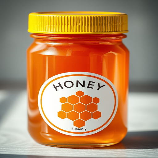 Generate a high-resolution image of a jar of honey with a clean white label featuring a honeycomb design, captured with a DSLR camera using a 50mm lens, aperture set at f/2.8, ISO 100, in natural light with a shallow depth of field.