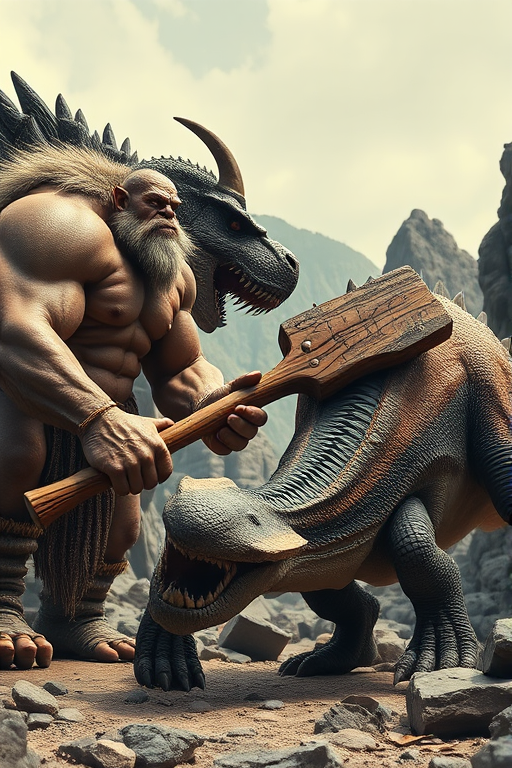 fantasy scene of a muscular ogre holding a large wooden mallet confronting a ferocious dinosaur in a rocky landscape, shot with a DSLR camera at 50mm, f/2.8, ISO 100, in natural lighting to enhance detail and texture