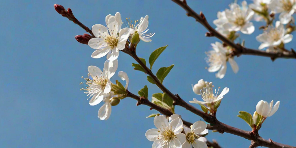branch with white blossoms against a blue sky background with budding flowers and leaves
