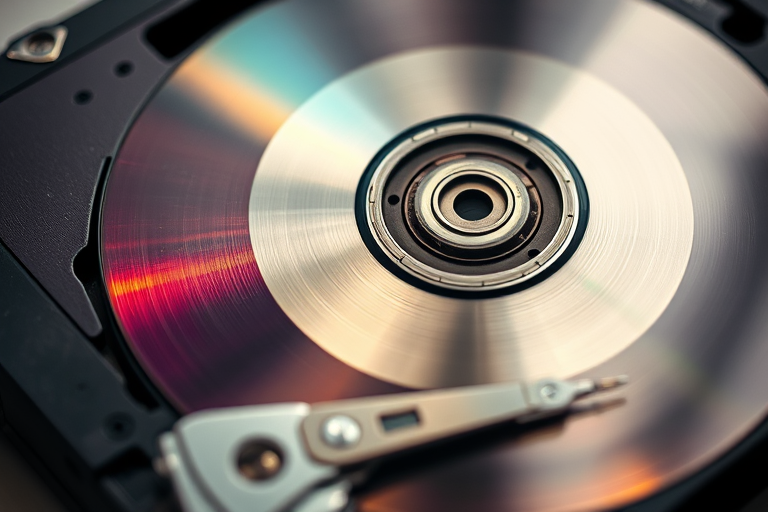 Create an artistic close-up of a vintage compact disc and a hard drive, using a DSLR camera with a 50mm lens, aperture set to f/2.8, ISO 200, in soft natural lighting, with a shallow depth of field to emphasize the textures and reflections on the surfaces.