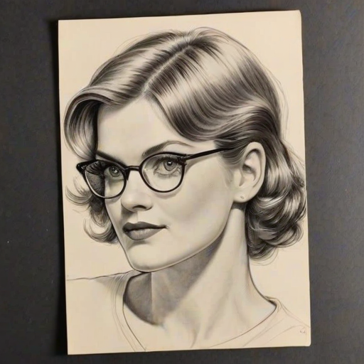 Comely Missi Pyle, pencil sketch, portrait of Delightful woman 1929s in glasses, hair style beatnik, outline, clear lines, fine lines, 8k