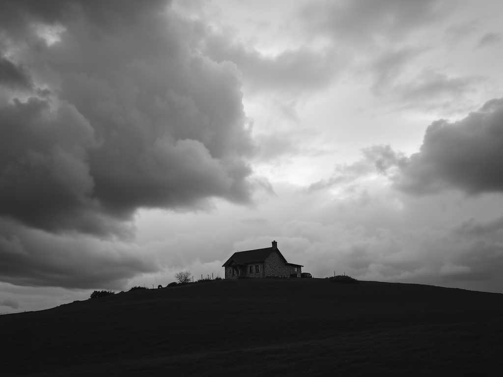 a solitary house on a hill under a moody, overcast sky with dramatic clouds, in monochrome tones
