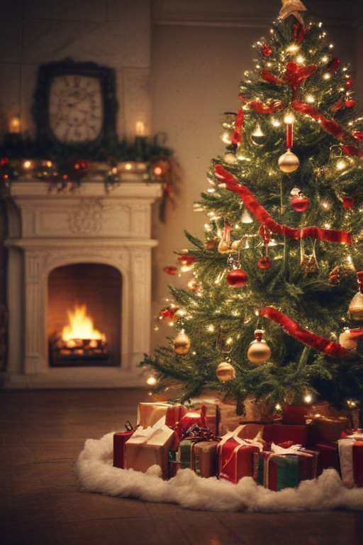 Cozy Holiday Scene Featuring a Decorated Christmas Tree and Warm Fireplace
