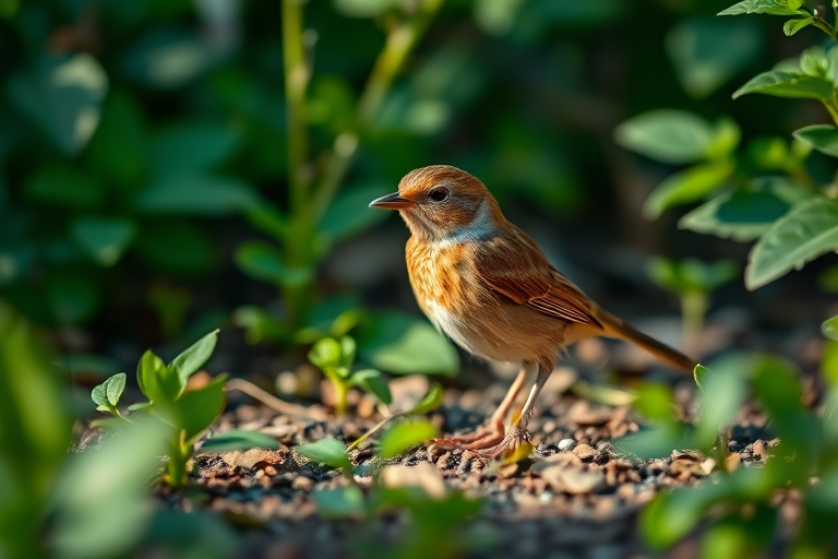Capture a close-up shot of a small brown bird standing on the ground amidst green foliage, with soft natural lighting, using a Canon EOS 5D Mark IV, ISO 400, aperture f/4, shutter speed 1/250 sec, 85mm lens, focus on the bird with a blurred background for depth.