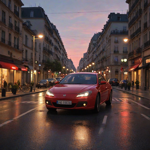 ((masterpiece, best quality)),In the evening, the sunset is reflected on the car, red car, the car is driving on the road, Dusk backlight, Street lights, street signs, parking signs, Render, UE5, Modernization, French architecture, bustling streets,