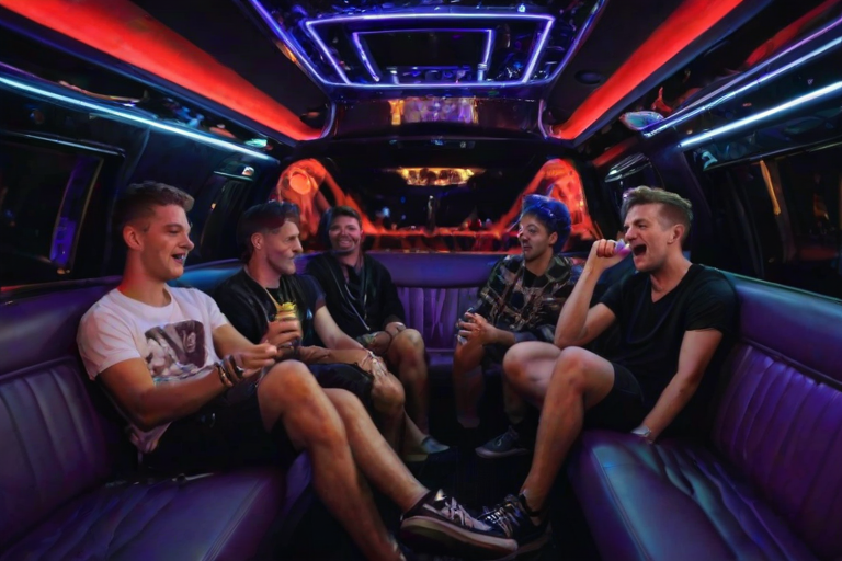 multiple boys,party, couch, vehicle interior, night, neon lights, limousine, alcohol, bar