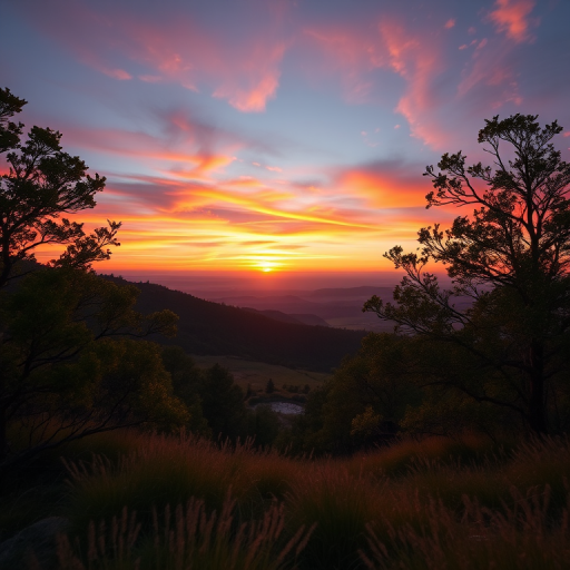 Create a high-resolution image of a serene landscape at sunset with vibrant colors, use a Canon EOS R5 camera, set aperture to f/8, shutter speed to 1/125s, ISO 200, and capture from a wide-angle perspective with a soft focus background.