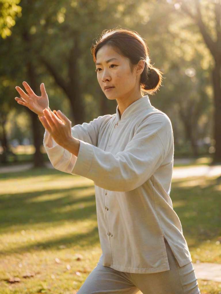 Warmly lit photo of a woman practicing tai chi in a peaceful park, wearing comfortable clothing, with soft sunlight illuminating her movements and gentle expressions of focus.