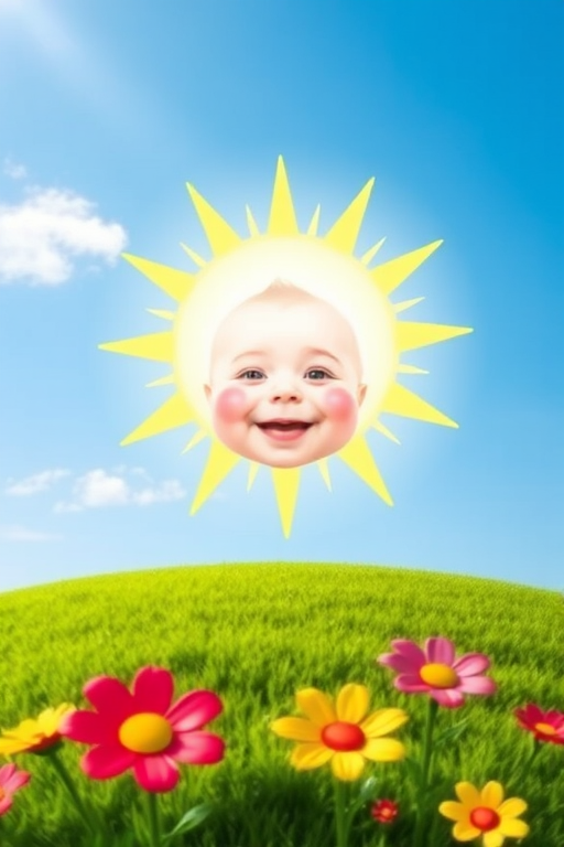 Create an image shows a bright, sun with a smiling baby's face in the center, radiating soft yellow rays. The sun is set against a clear blue sky with a few wispy clouds. Below, there's a lush green grassy hill with colorful, oversized flowers, giving the scene a whimsical, playful atmosphere.