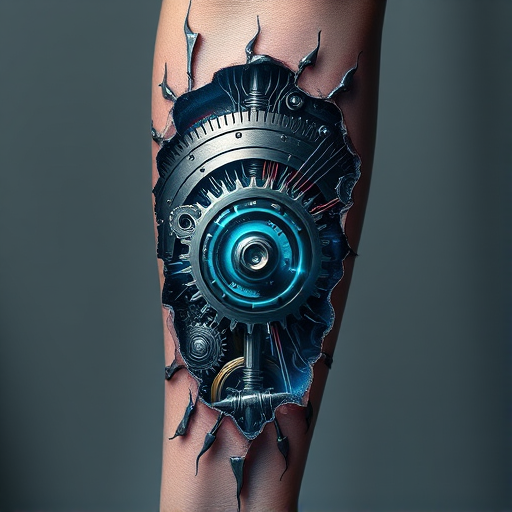 Realistic 3D biomechanical tattoo, "Cybernetic Fusion," blending hyper-realistic skin tears revealing metallic gears, wires, and circuitry underneath, with subtle color accents in electric blue and neon green, creating an illusion of depth and dimension on the forearm or leg