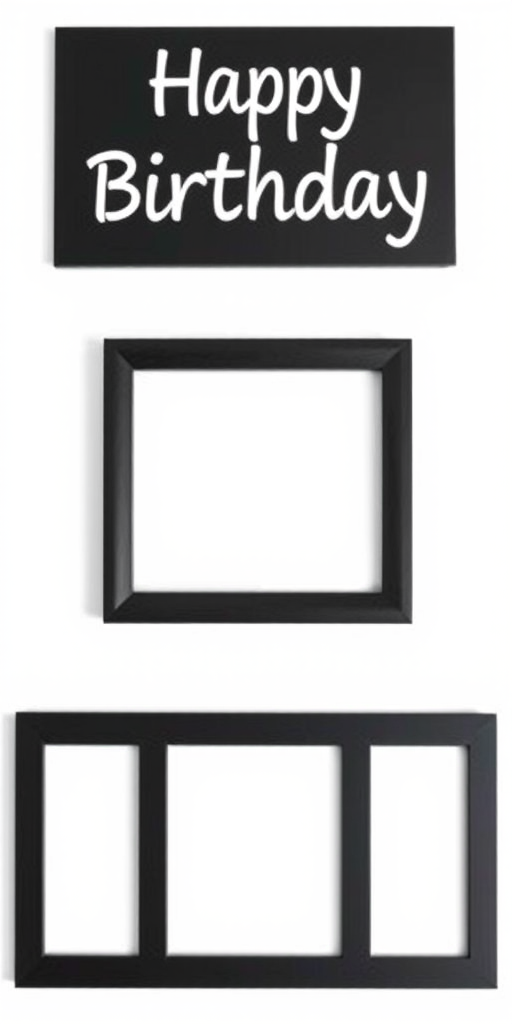 Regenerate an image of a black birthday photo frame with the word "Birthday" at the top and three empty square photo slots below it on a white background, shot with a DSLR camera, 50mm lens, f/2.8 aperture, 1/100s shutter speed, ISO 100, front view, soft diffused lighting.
