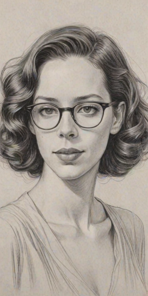 Graceful Rebecca Hall, pencil sketch, portrait of Bewitching woman 1930s in glasses, hair style beatnik, outline, clear lines, fine lines, 8k