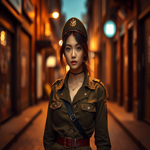 generate a high-resolution image of a young woman in a stylish military outfit standing in a dimly lit alley at dusk, capturing the warm glow of street lights, with a shallow depth of field, using a full-frame camera at f/1.8, ISO 200, and shutter speed of 1/125s, shot in portrait mode to emphasize her expression and the atmospheric background with soft bokeh effects.