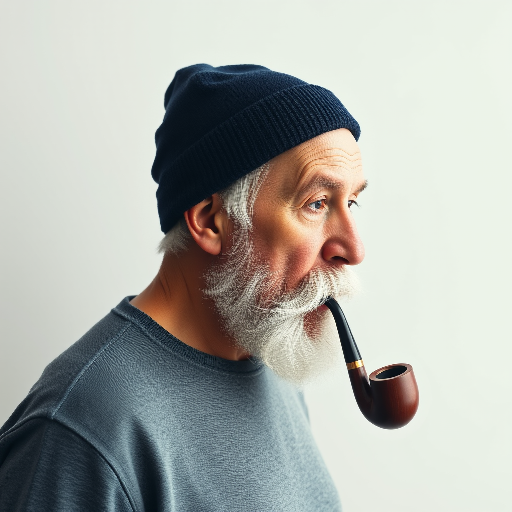 Create a low-poly styled profile portrait of an elderly man with a beard, wearing a beanie and smoking a pipe, set against a plain background, captured with a DSLR camera at f/2.8 aperture, 50mm lens, and a soft focus effect.