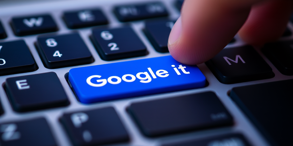 Close-up of a computer keyboard with a prominent blue button labeled Google It, focus on the button with a hand pressing it, aperture f/2.8, ISO 100, 50mm lens, shallow depth of field, soft background blur, taken with a DSLR camera.