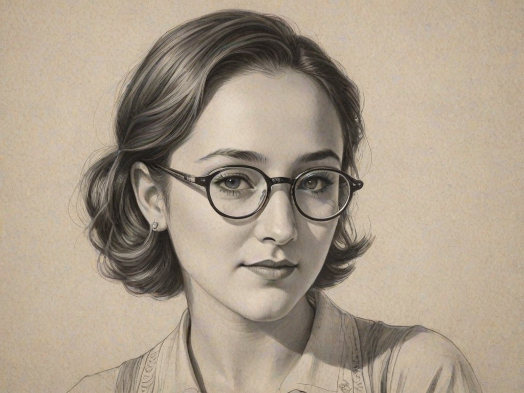 Elegant Zelda Williams, pencil sketch, portrait of Delightful woman 1933s in glasses, hair style beatnik, outline, clear lines, fine lines, 8k