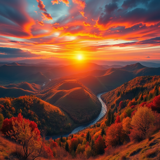 Generate a detailed graphic of a fantastical landscape featuring a vibrant sunset over rolling hills with a winding river and colorful trees, shot with a DSLR camera at f/2.8 aperture, ISO 100, 24mm focal length, in landscape orientation.