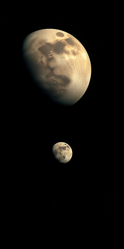 A high-resolution image of two celestial bodies (a large planet and a smaller moon) set against a dark, swirling space background, captured with a Canon EOS R5 at f/8, ISO 100, 24mm with a wide-angle lens in astrophotography style.