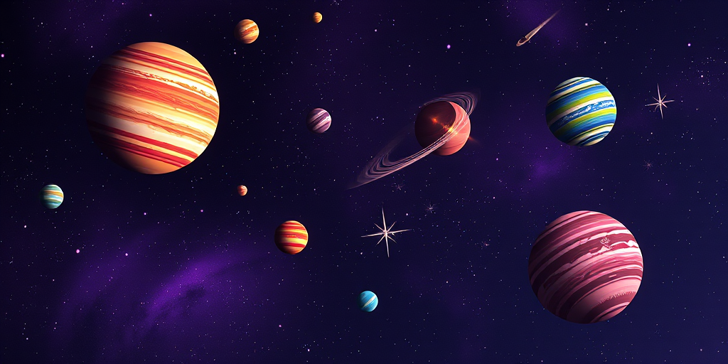 Create a vivid space scene featuring colorful planets, twinkling stars, and a comet streaking through a dark purple background, captured with a DSLR camera at f/8 aperture, ISO 200, 24mm focal length, with a wide-angle view for enhanced depth and clarity.