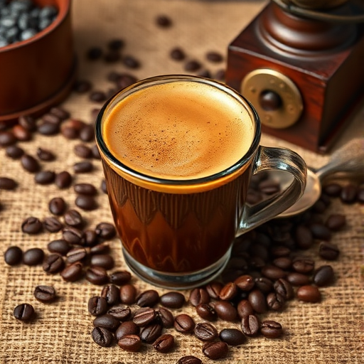 A beautifully styled coffee cup filled with rich foam on a textured burlap background, with scattered coffee beans and a vintage grinder, taken with a DSLR camera, 50mm lens, aperture f/1.8, ISO 200, natural light.