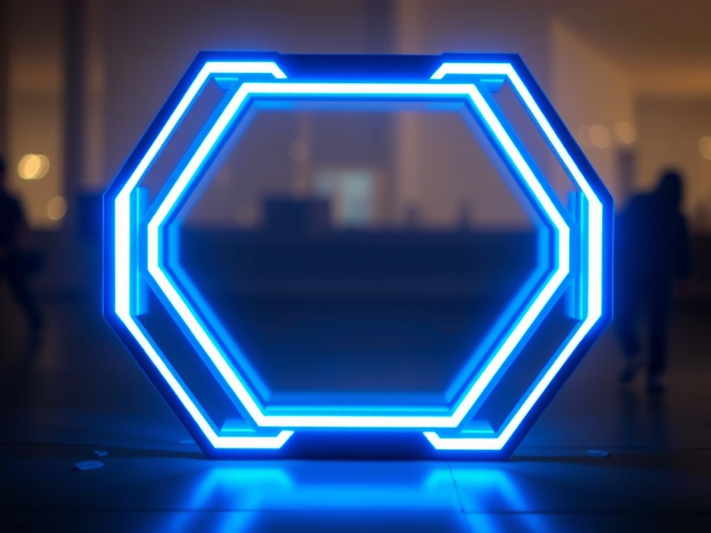 Create a futuristic frame design with glowing blue edges, high contrast, and a transparent center, captured with a DSLR camera at f/8 aperture, 50mm lens, natural lighting, and a shallow depth of field.