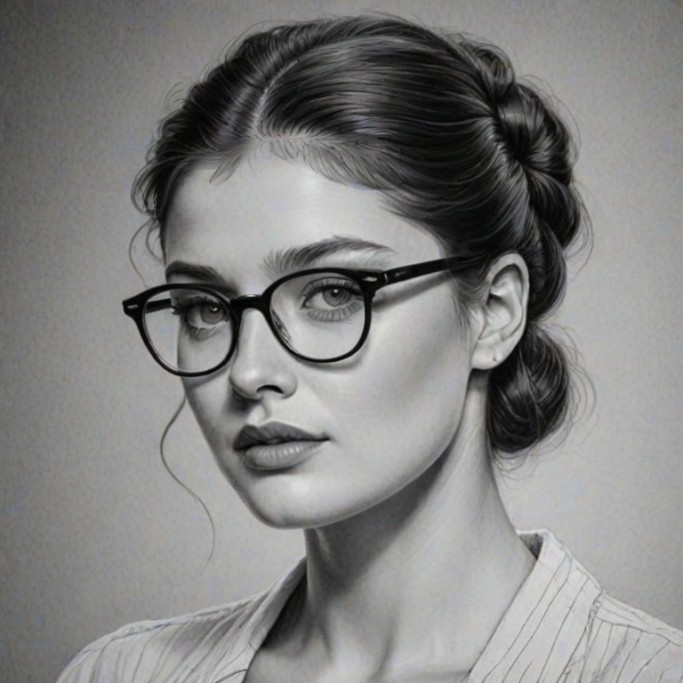 Stunning Eve Hewson, pencil sketch, portrait of Ravishing woman 1941s in glasses, hair style beatnik, outline, clear lines, fine lines, 8k